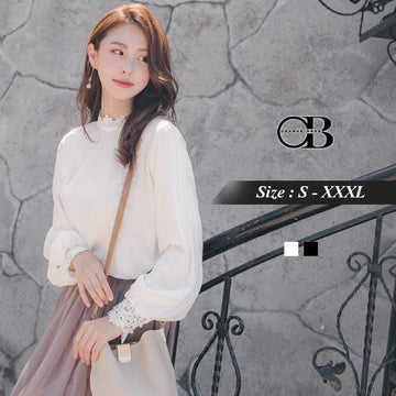 LONG SLEEVE LACE TRIM PEARL TOPS