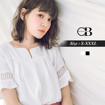 V NECK LACE RUFFLE SLEEVE TOPS