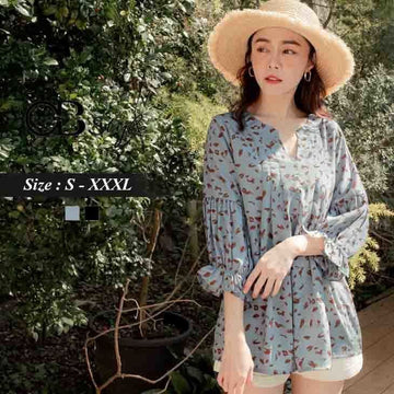 V NECK PUFF SLEEVE LONGLINE TOP