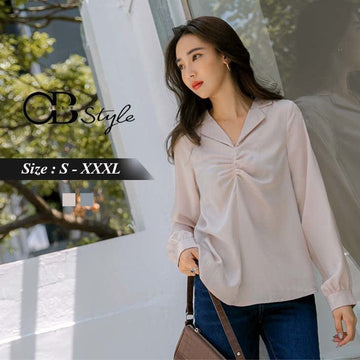 PURE COLOR V-NECK SUIT COLLAR RUCHED LONG SLEEVE TOPS