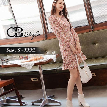 V-NECK FLORAL PRINTED RUFFLE HEM LONG SLEEVE DRESS