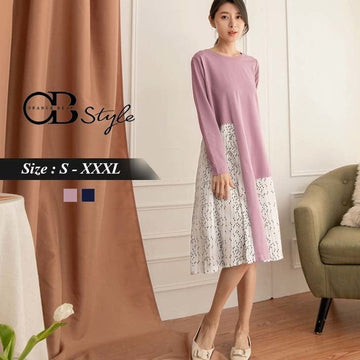 ROUND NECK PATCHED LONG SLEEVE A-LINE MIDI DRESS