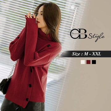 KNIT HIGH NECK BUTTON ASYMMETRICAL LONG SLEEVE FUR TOPS