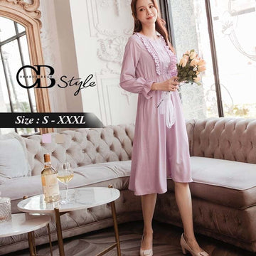 RUFFLE DESIGN ELASTIC WAIST TUNIC LONG SLEEVE DRESS