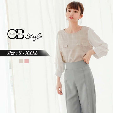 ELEGANT CHECKED PATCHED PUFF SLEEVE ROUND NECK TOPS