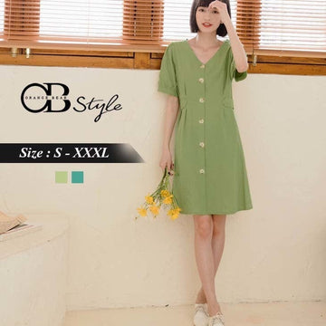 ELASTIC WAIST V-NECK SHORT SLEEVE COTTON DRESS