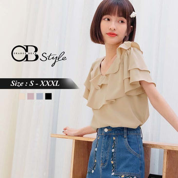 RUFFLE COLLAR CHIFFON U-NECK SHORT SLEEVE TOPS