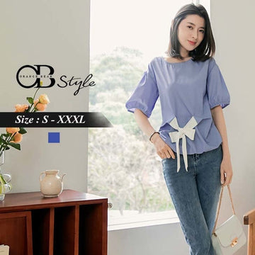 ELEGANT ROUND NECK STRIPED PATCHED SHORT SLEEVE TOPS