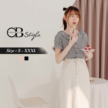 CHECKED RUFFLE COLLAR RUFFLE SLEEVE V-NECK TOPS