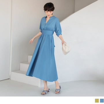 PUFF SLEEVE BOW WAIST MAXI SKATER DRESS