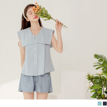 SLEEVELESS LAPEL COLLARED CHECKERED TOPS