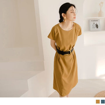 SHORT SLEEVE ROUND NECK KNEE LENGTH DRESS