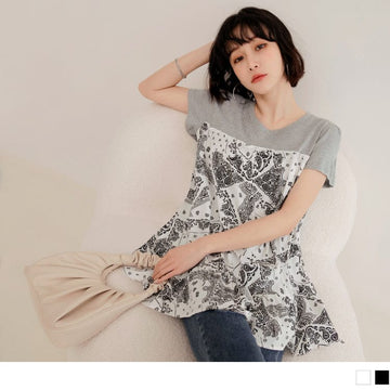 PUFF SLEEVE A-LINE PRINTED SPLICE HEM TOPS