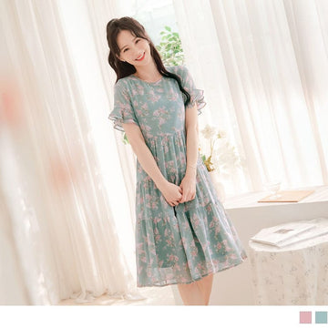 RUFFLE SLEEVE CHIFFON FLORAL TIERED DRESS
