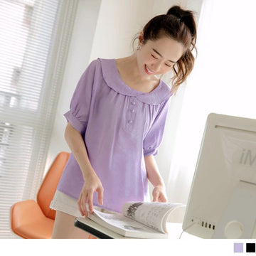PURE COLOT BOAT NECK SHORT SLEEVE PUFF SLEEVE TOPS