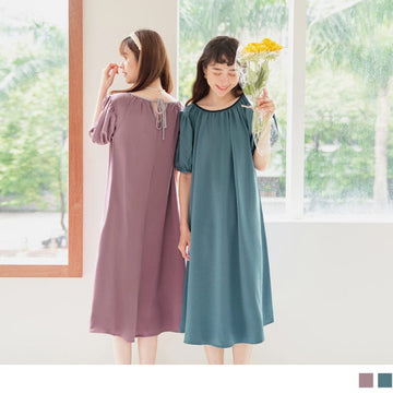 ROUND NECK PUFF SLEEVE A-LINE MAXI DRESS