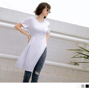 COTTON SIDE TUNIC SHORT SLEEVE LONGLINE TOPS