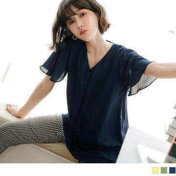 V-NECK RUFFLE SLEEVE LONGLINE RIBBED TOPS