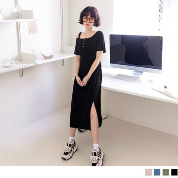 SHORT SLEEVE ELASTIC WAIST TUNIC MAXI DRESS