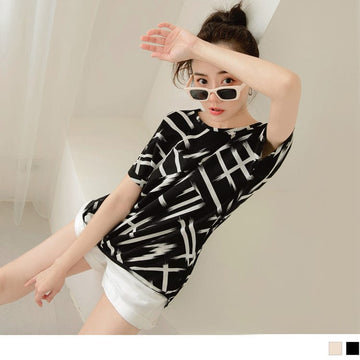 ROUND NECK SHORT SLEEVE PRINTED CHIFFON TOPS