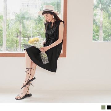RUFFLE COLLAR SLEEVELESS TUNIC BUTTON MIDI DRESS