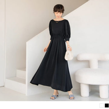 ROUND NECK A-LINE ELASTIC WAIST MAXI DRESS