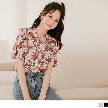 PRINTED RUFFLE SLEEVE A-LINE SHORT SLEEVE SHIRTS