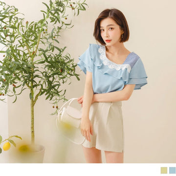 LACE STRIPED PATCHED RUFFLE SLEEVE TOPS