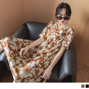 SWEETHEART COLLAR A-LINE PRINTED SHORT SLEEVE DRESS