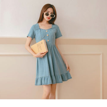 SWEETHEART COLLAR COTTON DENIM MIDI DRESS