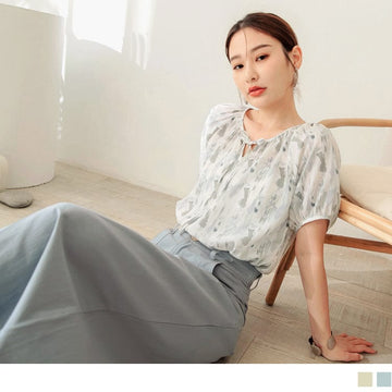 PRINTED ROUND NECK PUFF SLEEVE TOPS