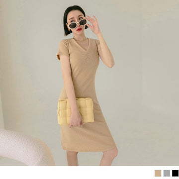 PIT STRIPE V-NECK SHORT SLEEVE MIDI DRESS