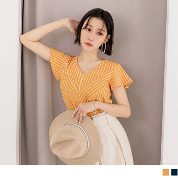 V-NECK STRIPED PATCHED RUFFLE SLEEVE TOPS
