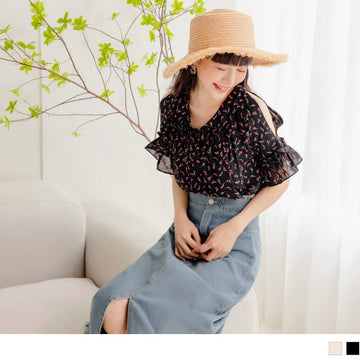 V-NECK OUT SHOULDER PRINTED RUFFLE SLEEVE TOPS