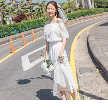 ELASTIC WAIST OFF SHOULDER LACE CARVED DRESS
