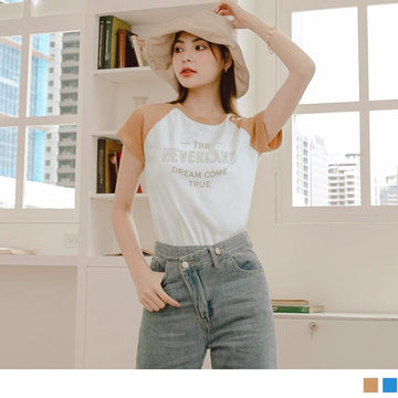 ENGLISH PRINTED CONTRAST COLOR SHORT SLEEVE TOPS