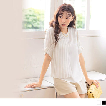 CHIFFON RIBBED SHORT SLEEVE PLEAT TOPS