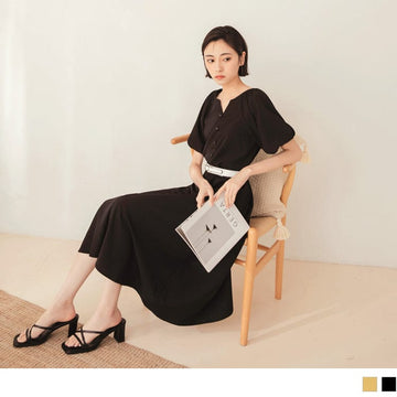ELASTIC WAIST PUFF SLEEVE TUNIC DRESS WITH BELT