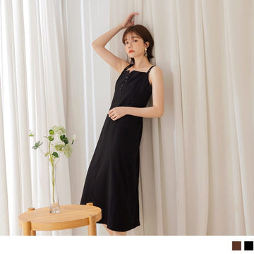 SPAGHETTI STRAP SLEEVELESS BUTTON MIDI DRESS
