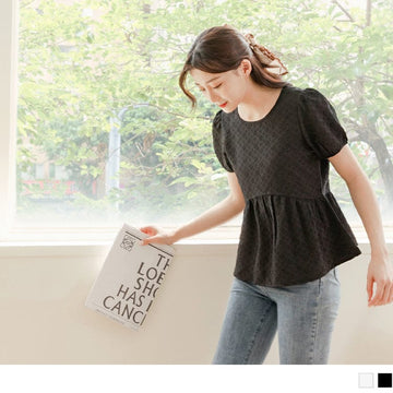 ROUND NECK PUFF SLEEVE ELASTIC WAIST A-LINE TOPS