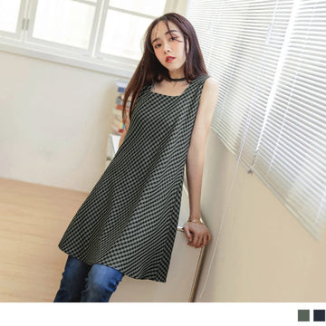 SQUARE NECK CHECKED SLEEVELESS A-LINE DRESS