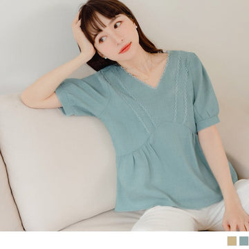 V-NECK LACE PUFF SLEEVE SHORT SLEEVE A-LINE TOPS