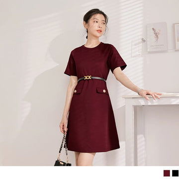 HIGH WAIST SLIM ROUND NECK SHORT SLEEVE MIDI DRESS