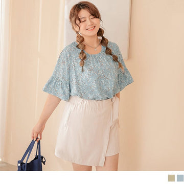 ROUND NECK RUFFLE SLEEVE CHIFFON PRINTED TOPS