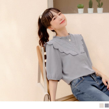 RUFFLE BAND COLLAR LACE PUFF SLEEVE TUNIC TOPS