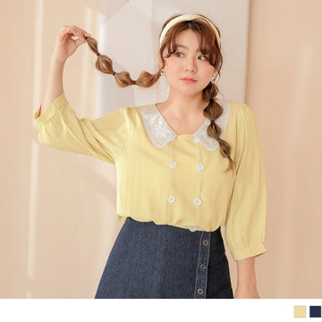 LACE DOUBLE BUTTON CHIFFON 3/4 SLEEVE TOPS