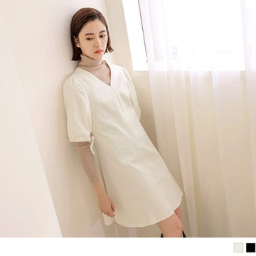 V-NECK COTTON PUFF SLEEVE A-LINE MINI DRESS