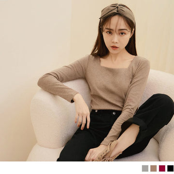 PURE COLOR KEEP WARM SQUARE NECK LONG SLEEVE TOPS