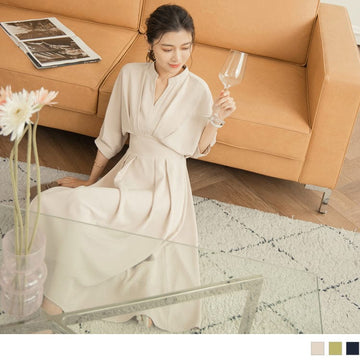 ELEGANT ELASTIC WAIST V-NECK A-LINE MAXI DRESS