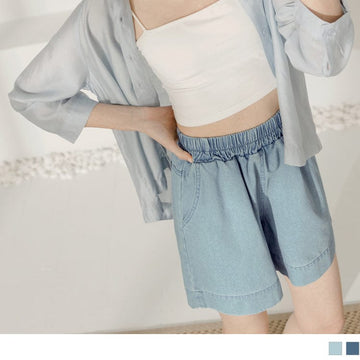 COTTON DENIM ELASTIC WAIST WASHED SHORTS